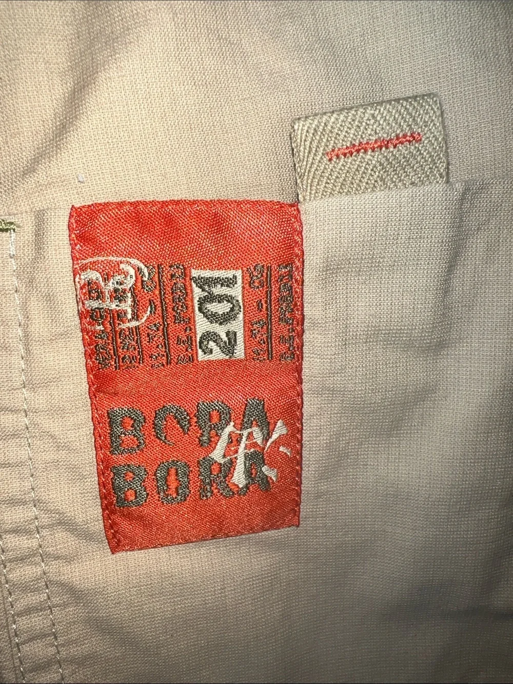 Tan Cargo Shorts with Velcro Pocket Flaps and Cool Bora Bora Island Patch​